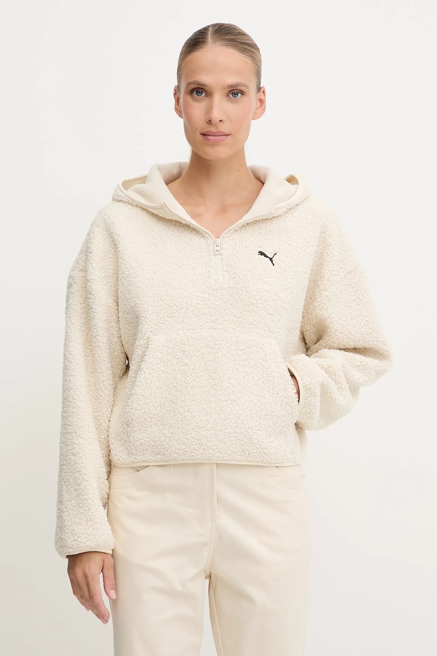 Puma bluză culoarea bej, cu glugă, uni, 632048