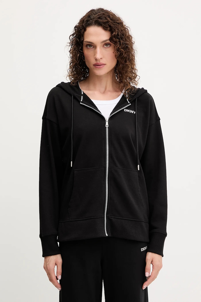 Dkny bluză culoarea negru, cu glugă, cu imprimeu, DP5J9666