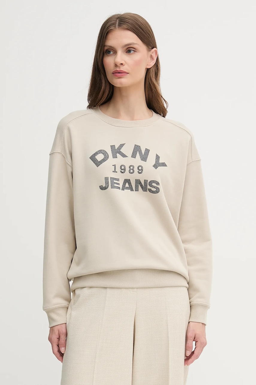 Dkny hanorac de bumbac culoarea bej, cu imprimeu, DJ5T1522