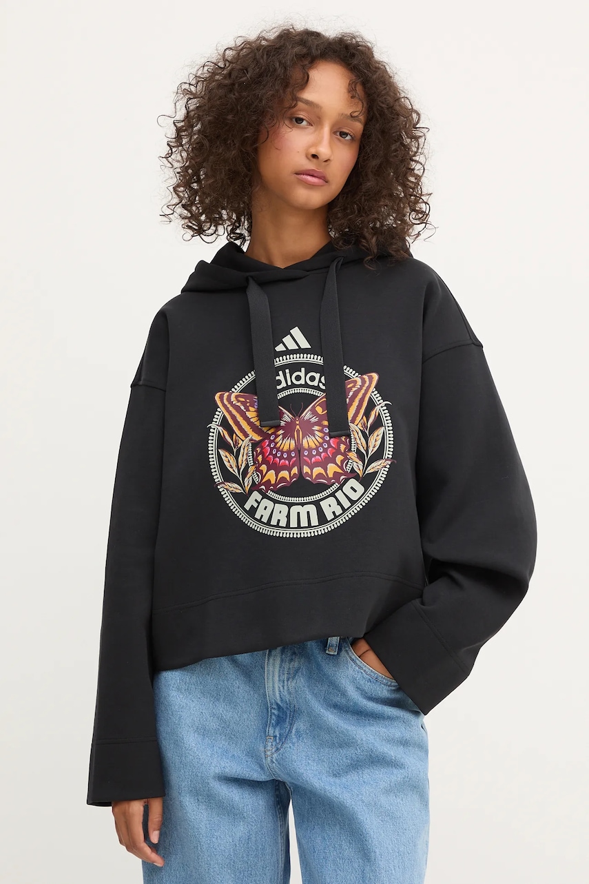adidas bluză x Farm Rio culoarea negru, cu glugă, cu imprimeu, JL8607