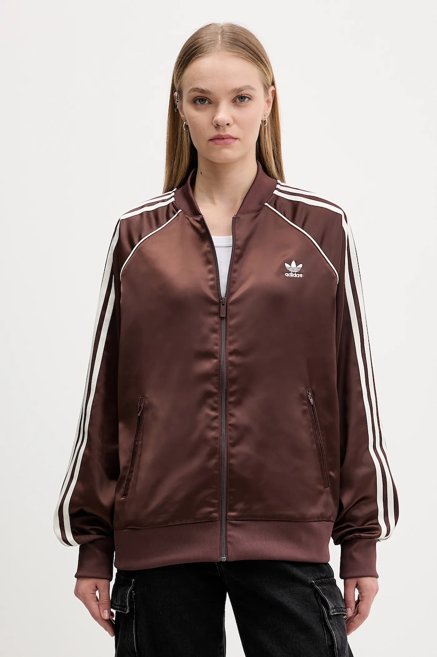 adidas Originals bluză Sst Satin Tt culoarea maro, cu imprimeu, KH1568
