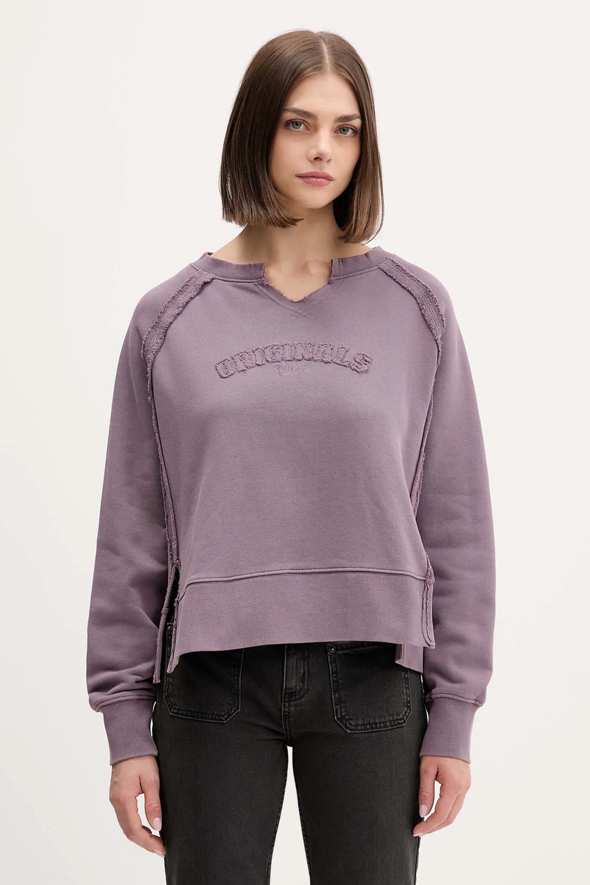 Levně Bavlněná mikina Guess Originals dámská, fialová barva, s aplikací, W5BQ27 KCPR1