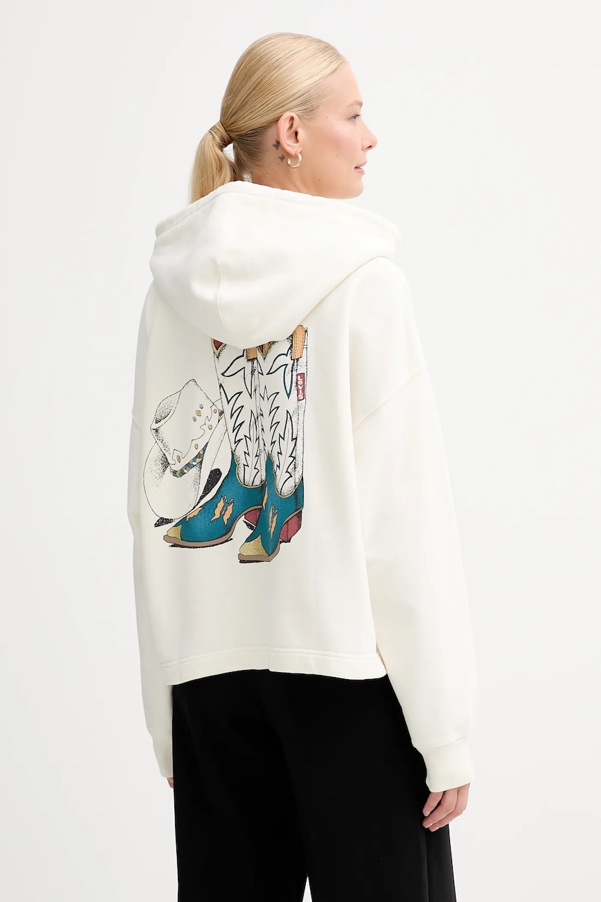 Levi\'s hanorac de bumbac culoarea bej, cu glugă, cu imprimeu, A9414