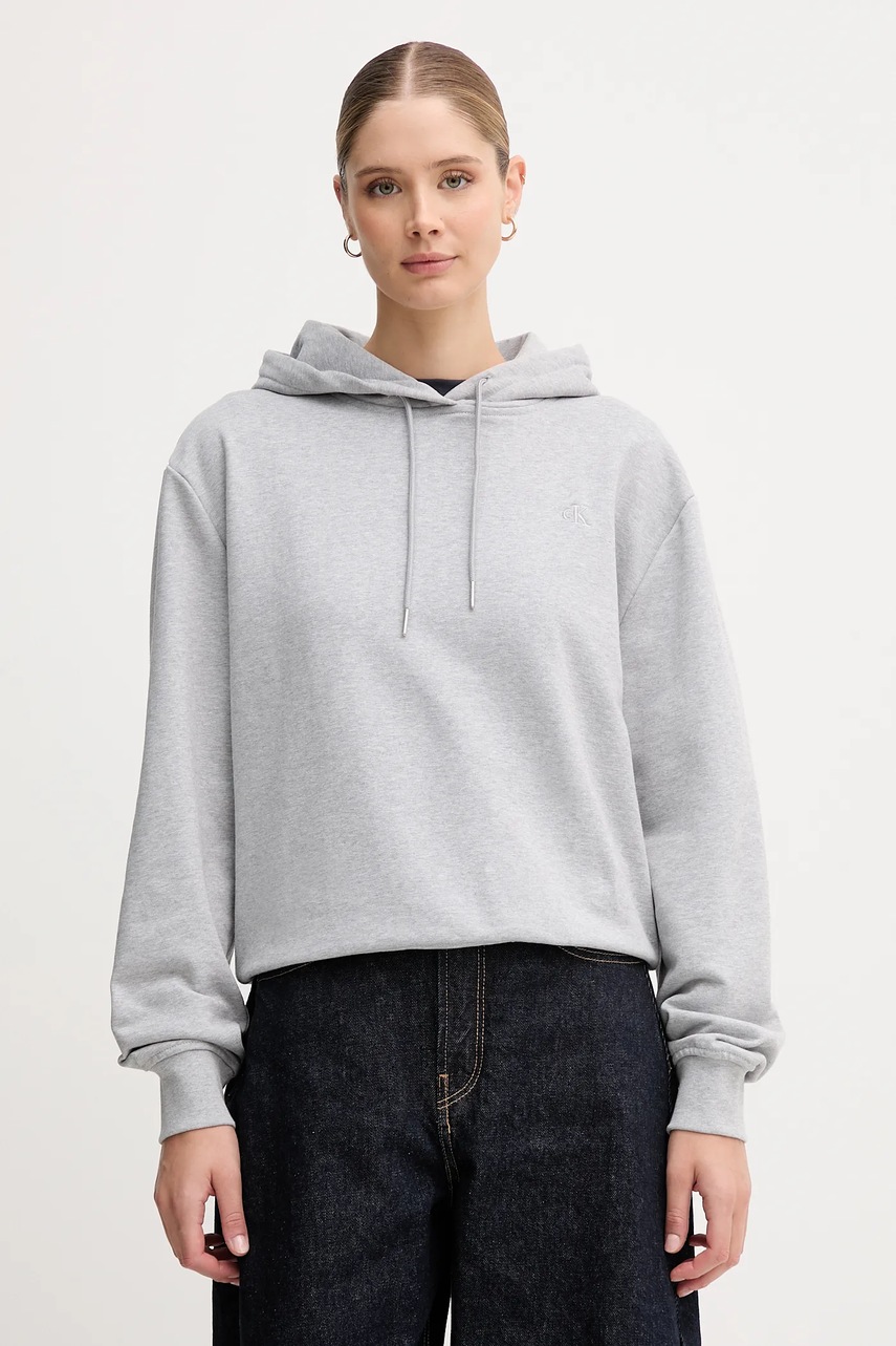 Levně Mikina Calvin Klein Jeans dámská, šedá barva, s kapucí, hladká, LV047C224G