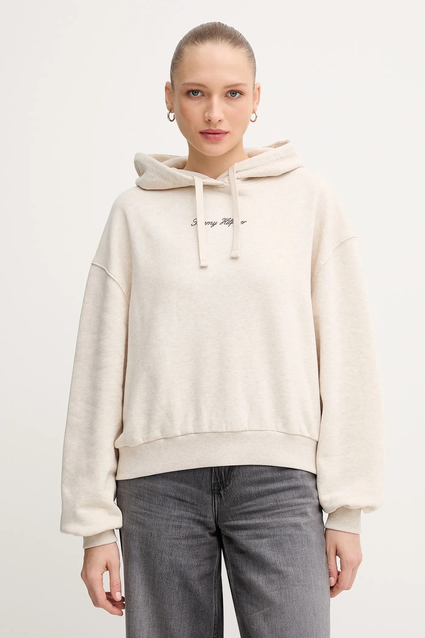 Levně Mikina Tommy Hilfiger dámská, béžová barva, s kapucí, s potiskem, WW0WW47459