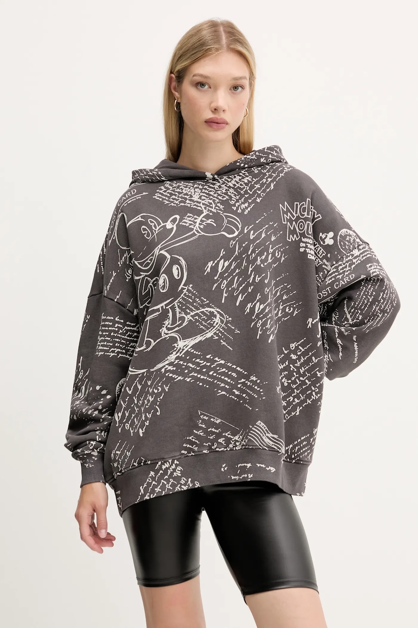 Desigual hanorac de bumbac LETTERS MICKEY culoarea gri, cu glugă, cu imprimeu, 25WWSK03