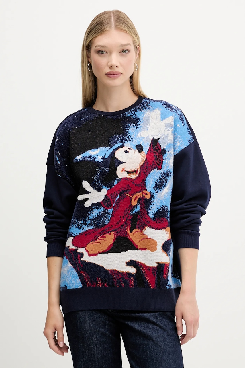 Desigual bluză FANTASY MICKEY culoarea bleumarin, cu imprimeu, 25WWSK15