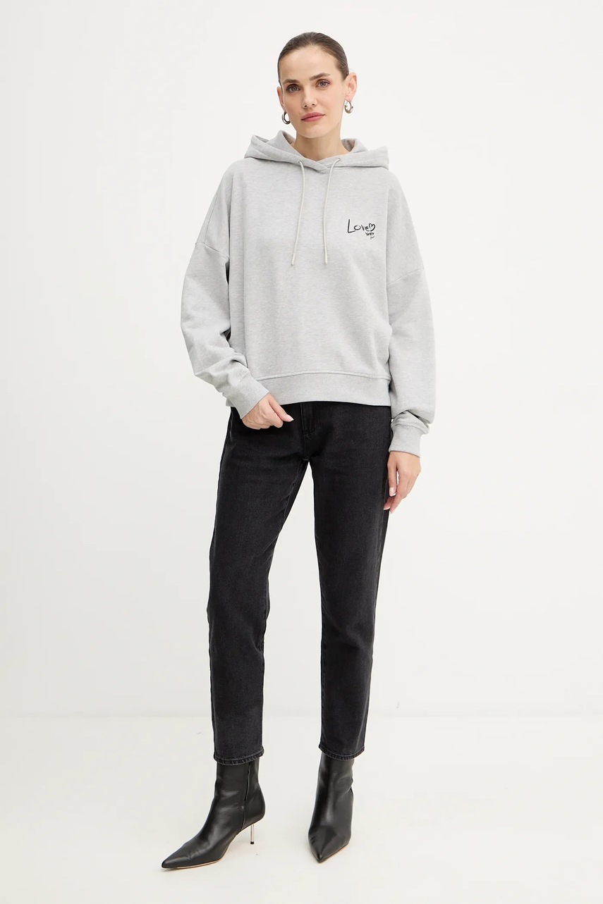 Хлопковая кофта BOSS Orange цвет серый с капюшоном с аппликацией 50551429