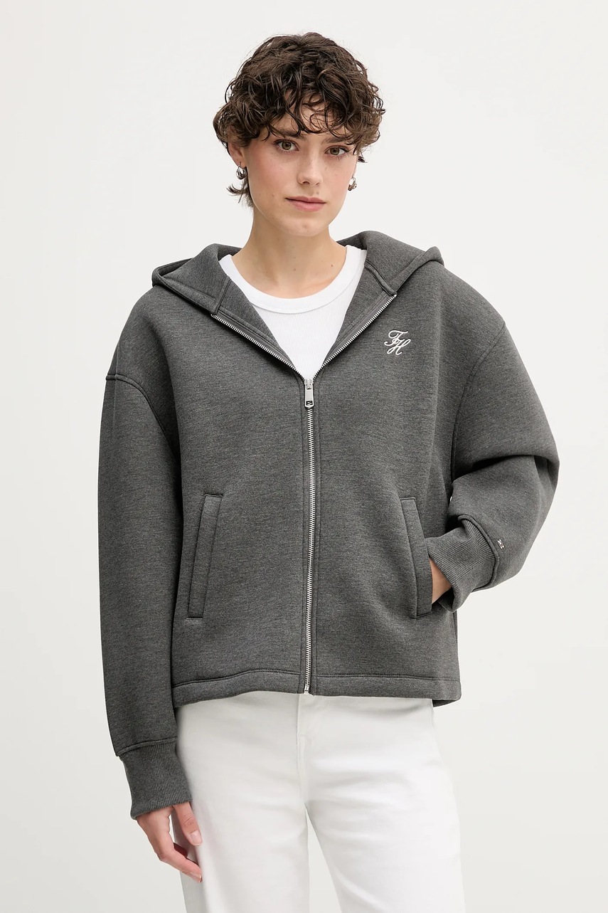 Levně Mikina Tommy Hilfiger dámská, šedá barva, s kapucí, hladká, WW0WW46815