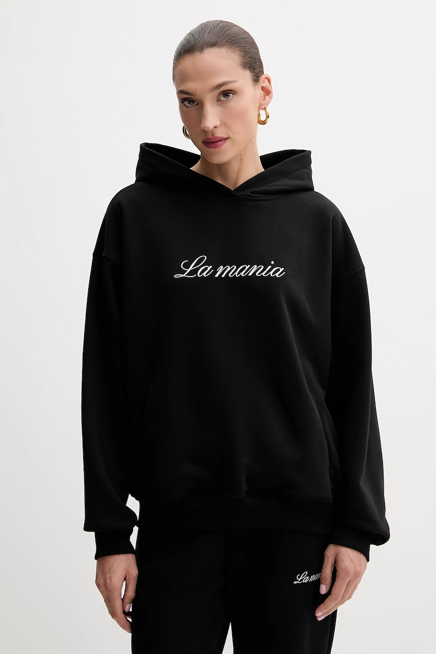 La Mania bluză culoarea negru, cu glugă, cu imprimeu, ROCKY