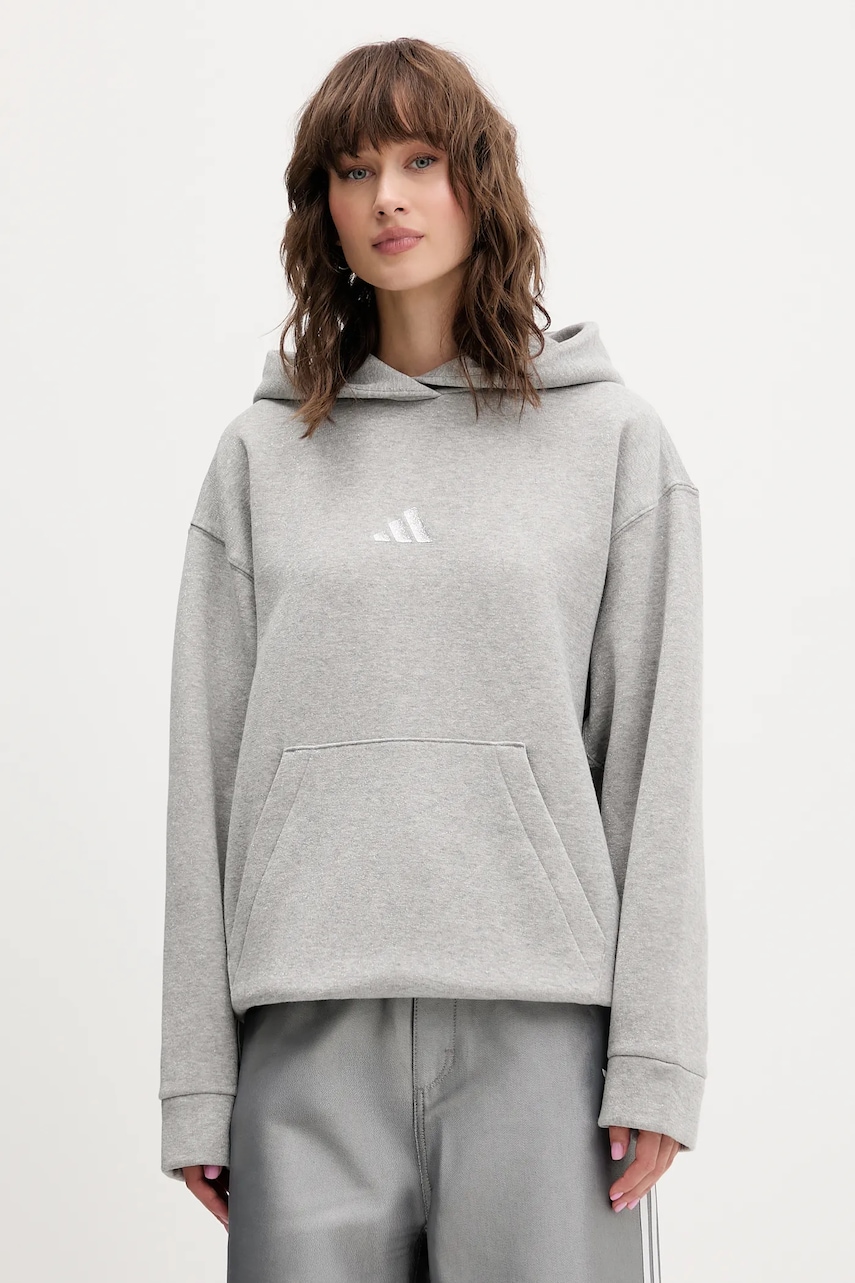 adidas bluză All Szn Holiday culoarea gri, cu glugă, cu imprimeu, JV5757
