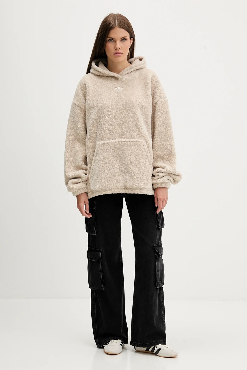 Флисовая кофта adidas Originals Teddy цвет бежевый с капюшоном с аппликацией JW6061