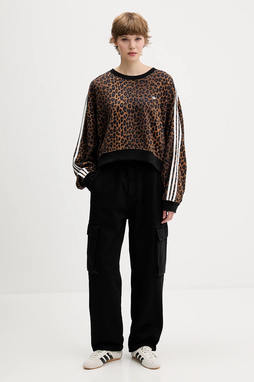 Хлопковая кофта adidas Originals Leopard цвет коричневый узор JW7303