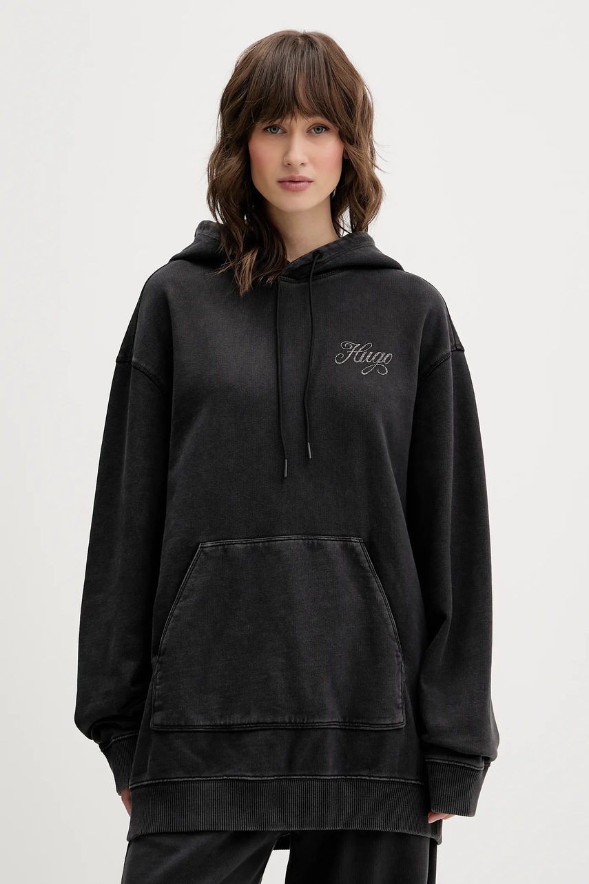 HUGO Blue hanorac de bumbac Dejandra_B_3 culoarea gri, cu glugă, cu imprimeu, 50547955