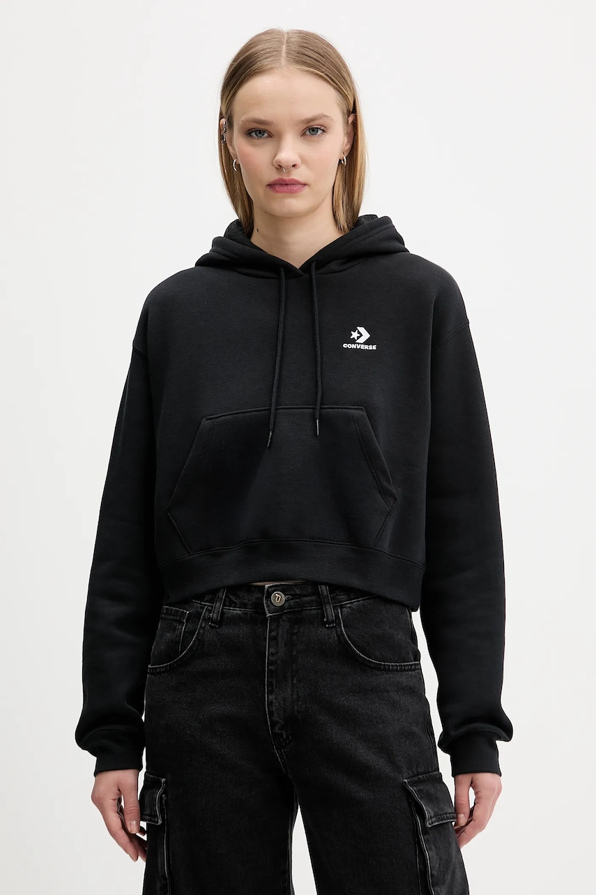 Converse bluză culoarea negru, cu glugă, uni, CVW5K527