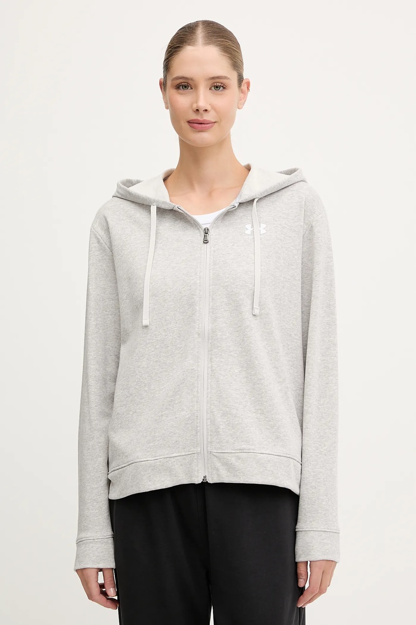Levně Mikina Under Armour UA Rival dámská, šedá barva, s kapucí, s potiskem, 6005509