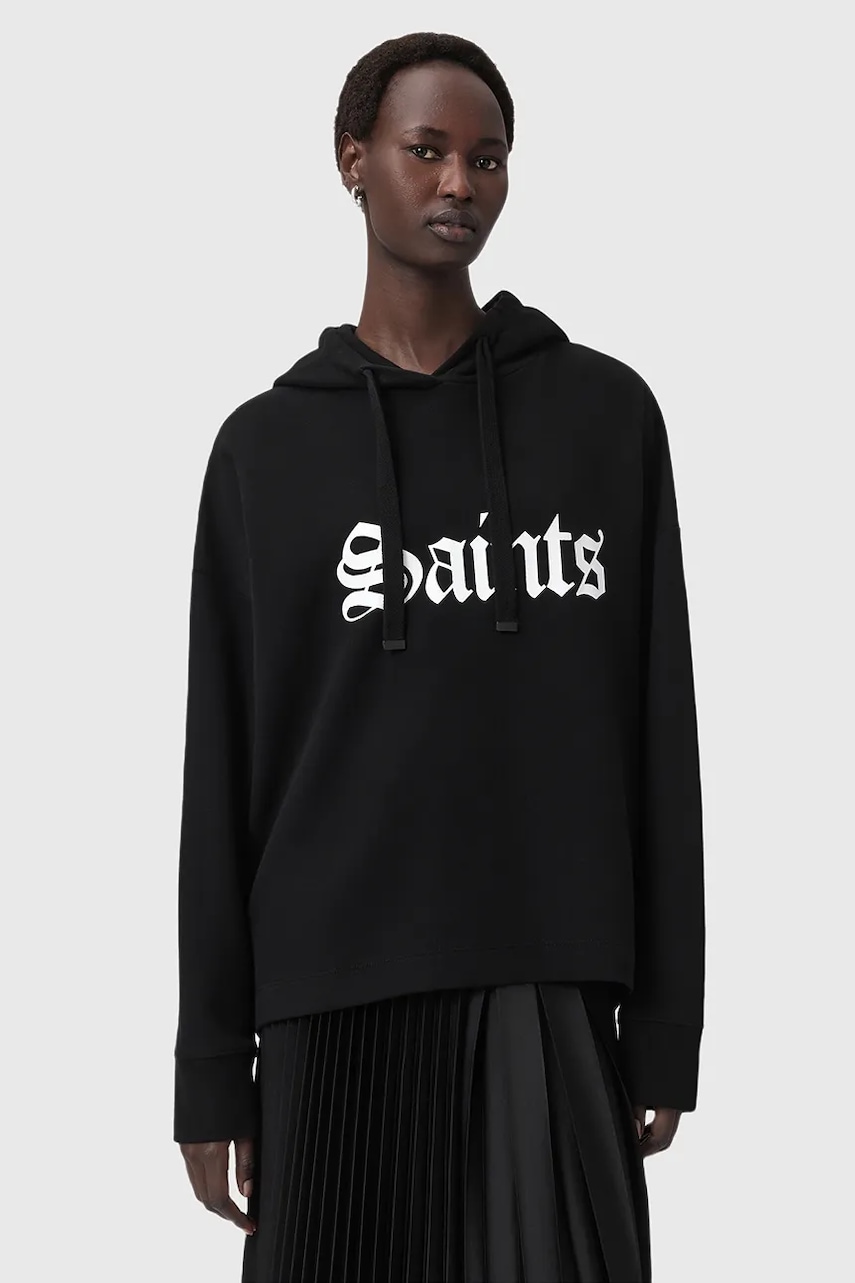 AllSaints hanorac de bumbac SAINT culoarea negru, cu glugă, cu imprimeu, W140JD