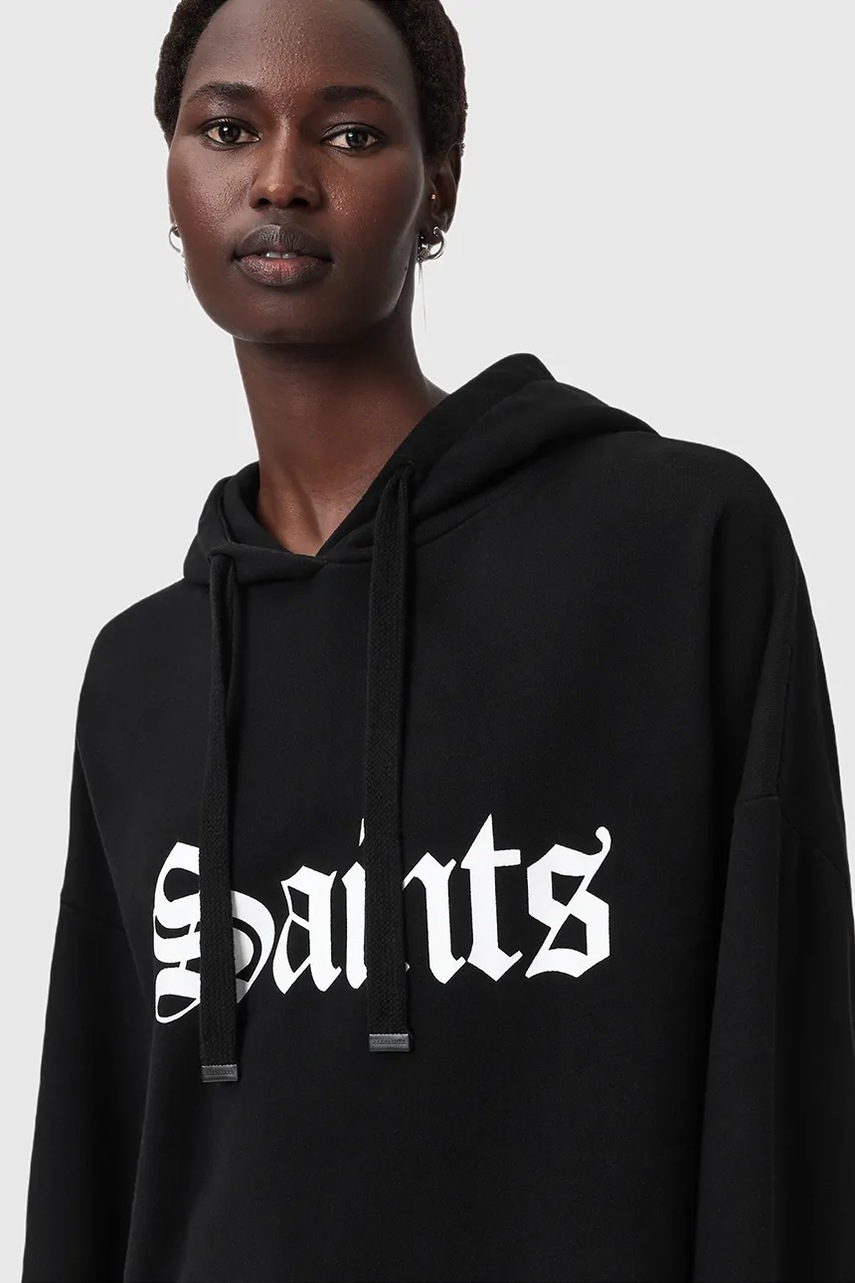 Хлопковая кофта AllSaints SAINT цвет чёрный с капюшоном с принтом W140JD