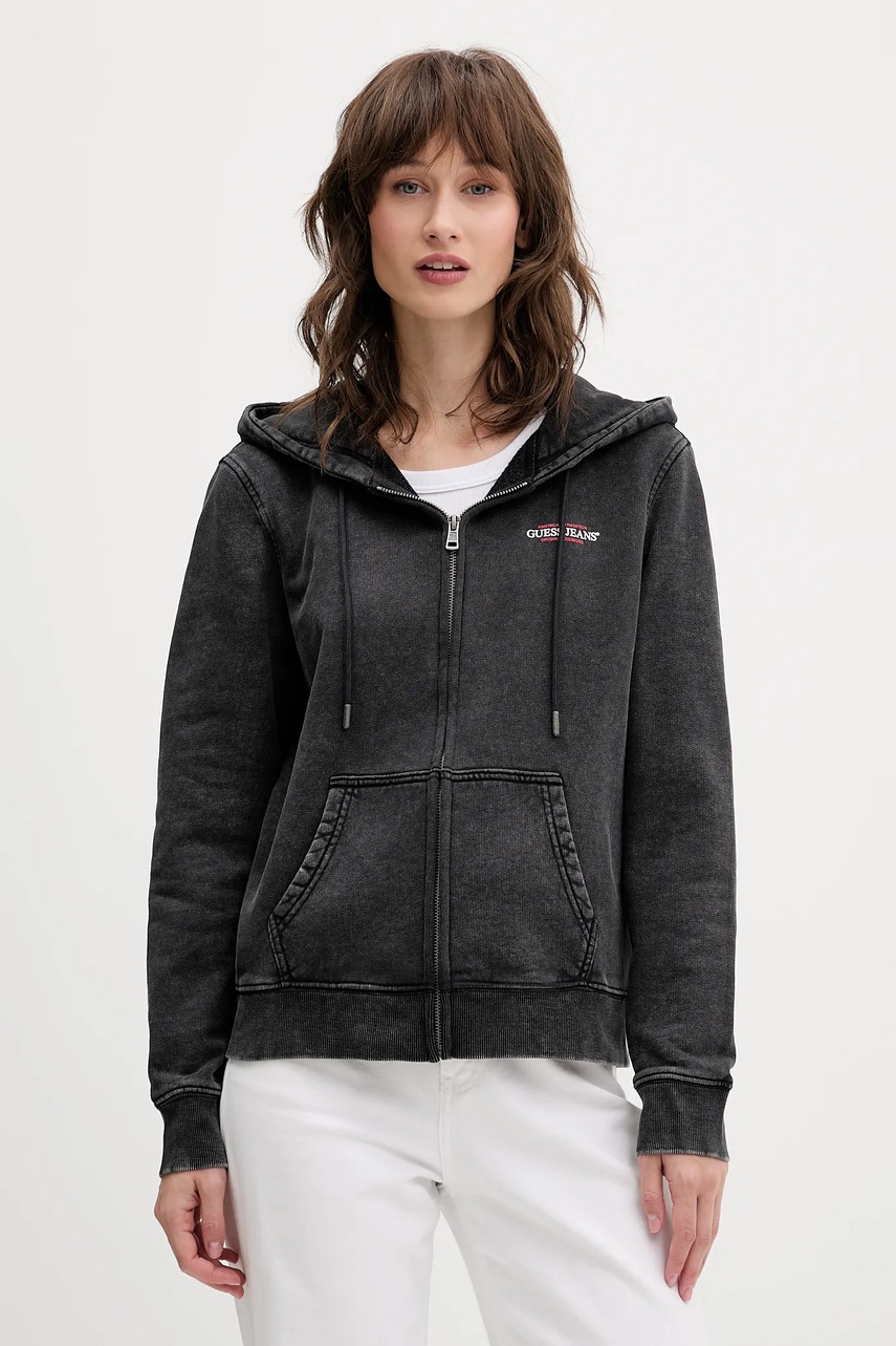 

Памучен суичър Guess Jeans в сиво с качулка с принт W5BQ14 KCPR1, Сив