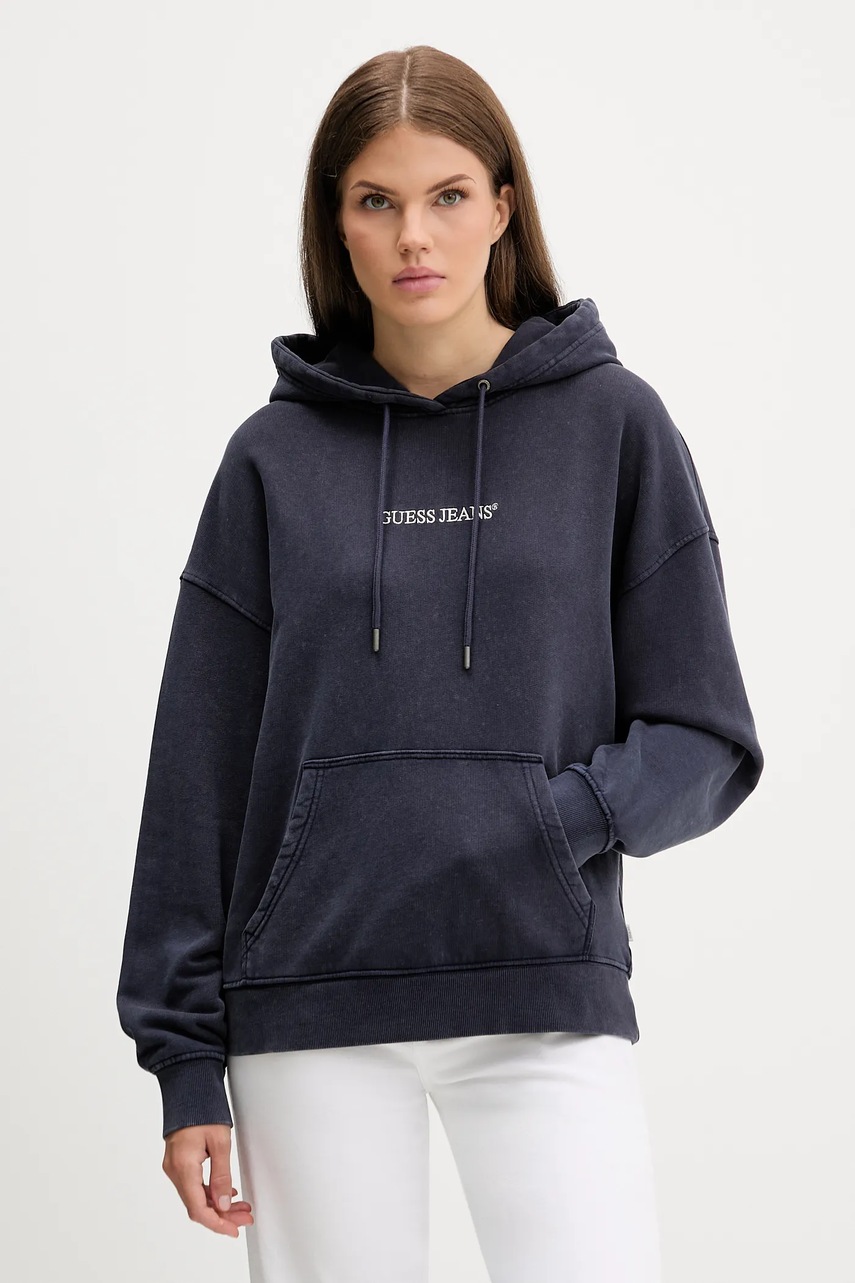 Levně Bavlněná mikina Guess Jeans dámská, tmavomodrá barva, s kapucí, s aplikací, W5BQ15 KCPR1
