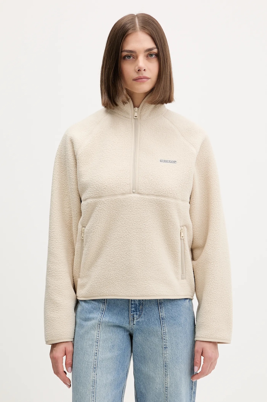 Levně Fleecová mikina Guess Jeans dámská, béžová barva, hladká, W5BQ18 K1042