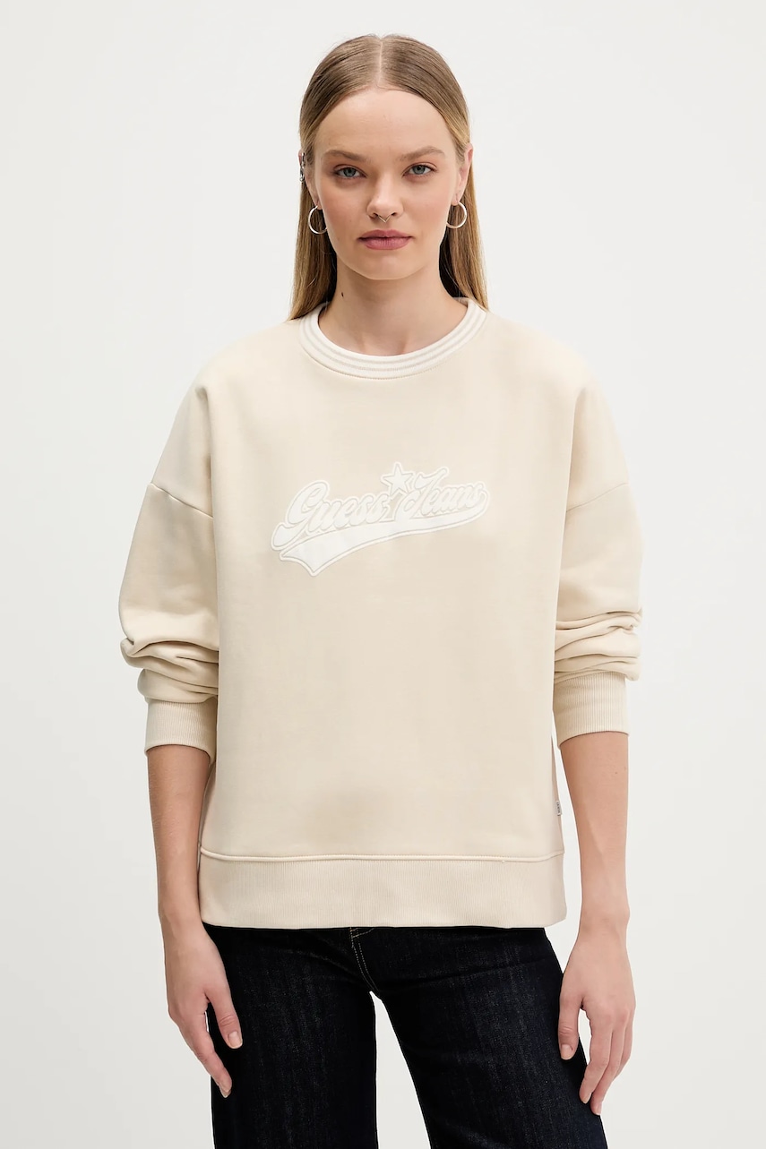 Levně Mikina Guess Jeans dámská, béžová barva, s potiskem, W5BQ23 KC811