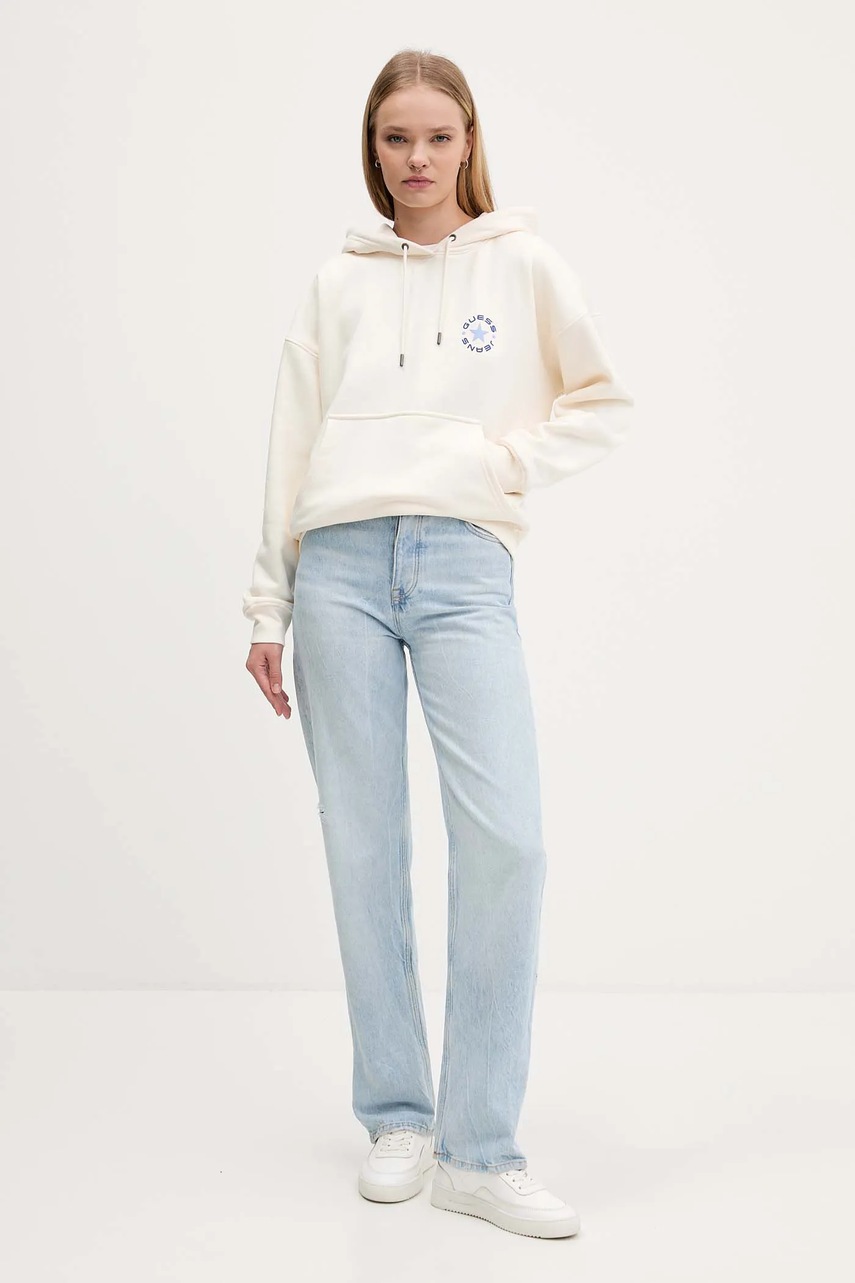 Кофта Guess Jeans цвет бежевый с капюшоном с принтом W5BQ24 KC811
