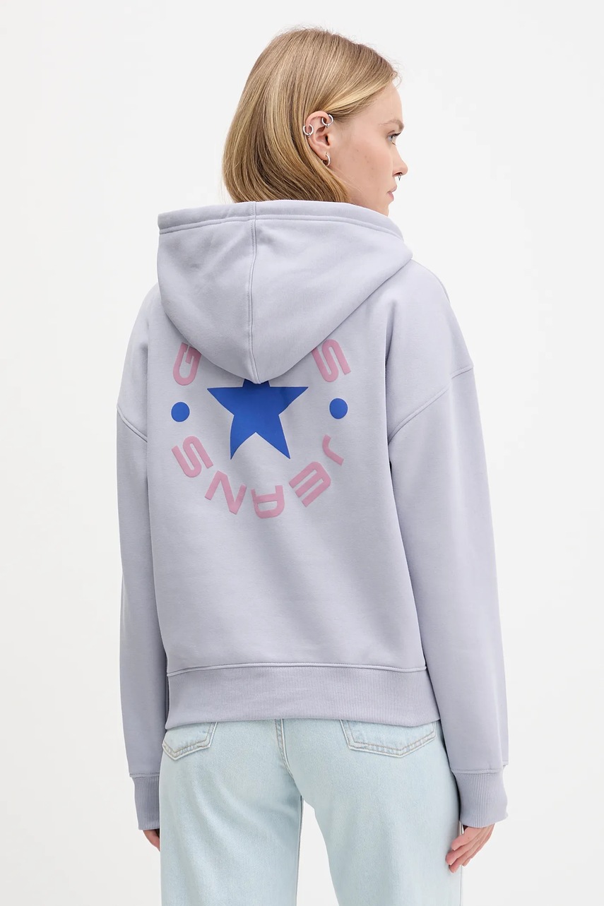 Levně Mikina Guess Jeans dámská, fialová barva, s kapucí, s potiskem, W5BQ24 KC811