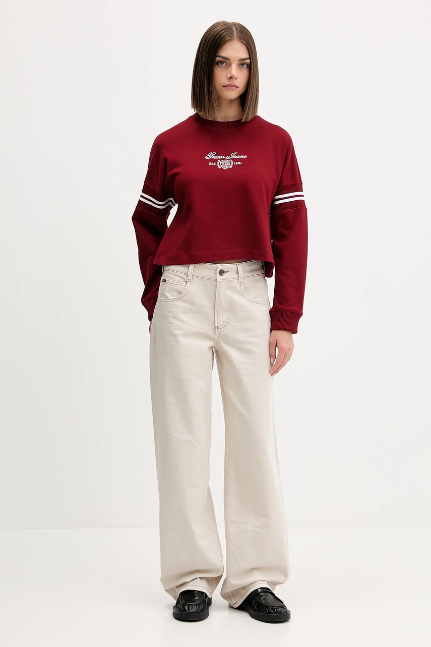 Хлопковая кофта Guess Jeans цвет бордовый с аппликацией W5BQ25 KCYM1