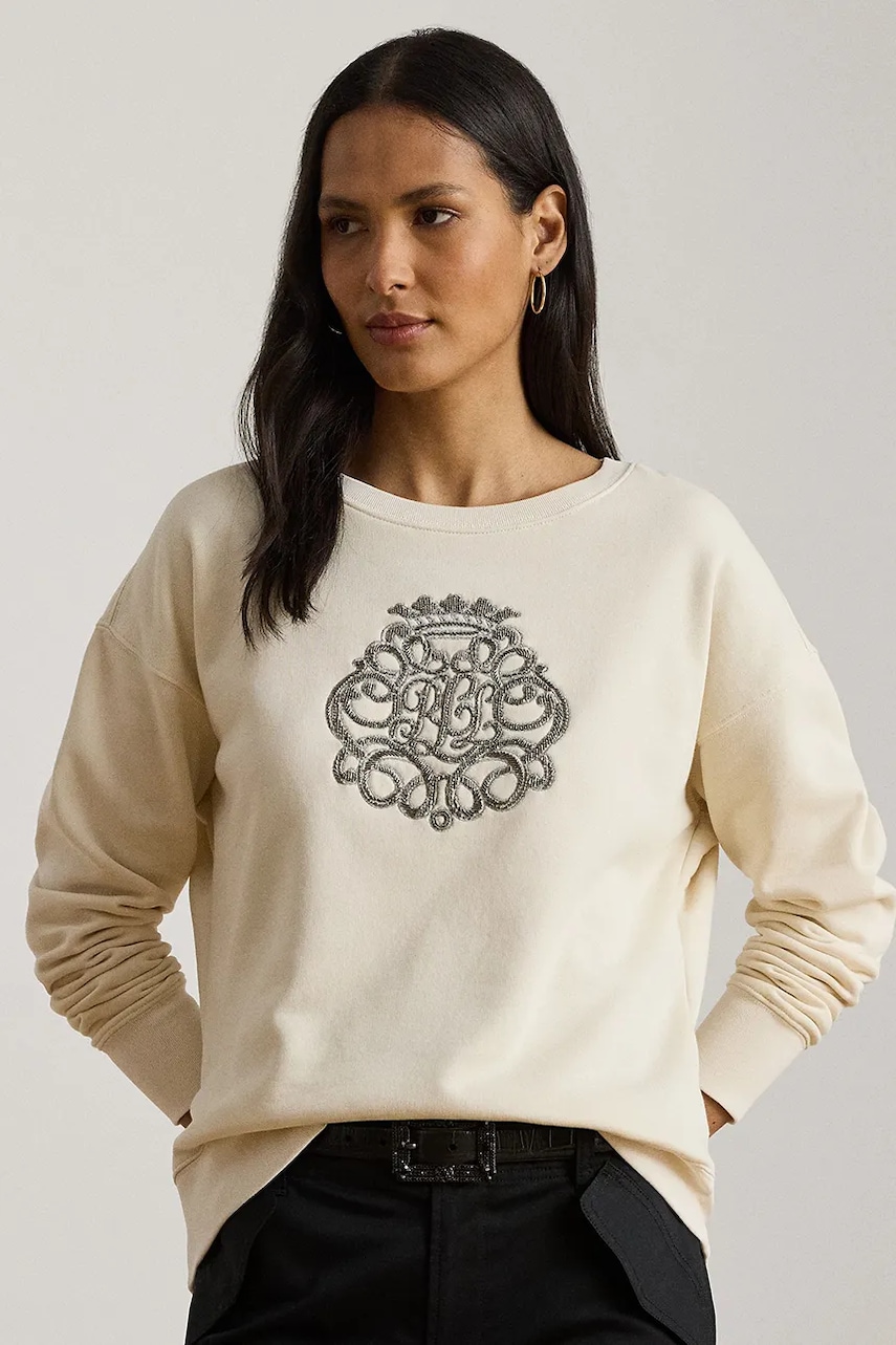 Mikina Lauren Ralph Lauren dámská, béžová barva, s aplikací, 200980210