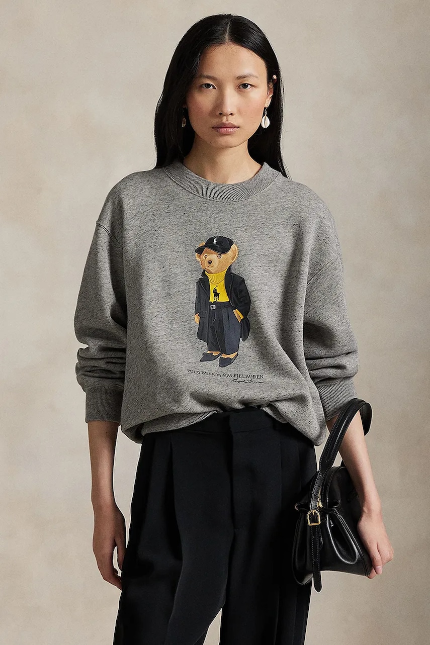 Levně Mikina Polo Ralph Lauren dámská, šedá barva, s potiskem, 211A87104