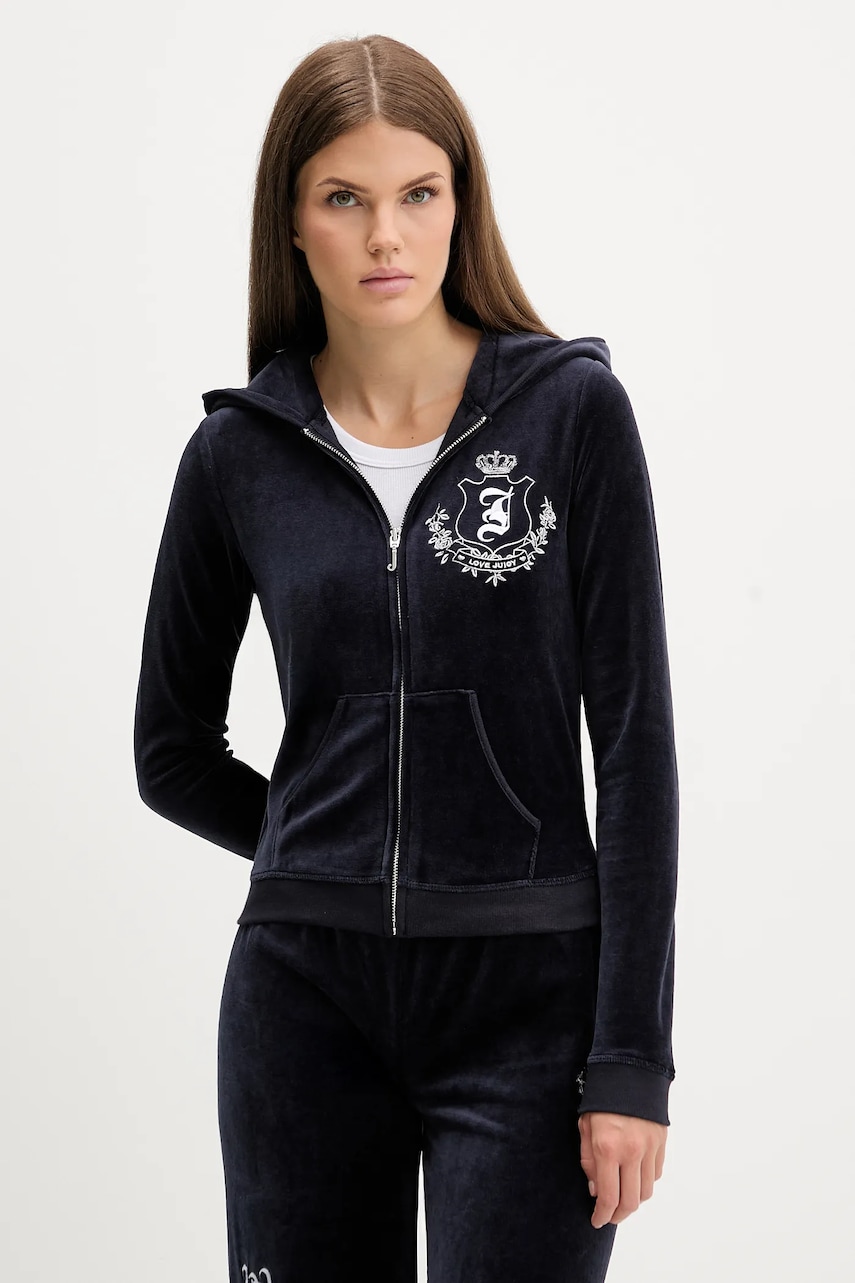 Juicy Couture bluză culoarea bleumarin, cu glugă, cu imprimeu, JCGAS225009