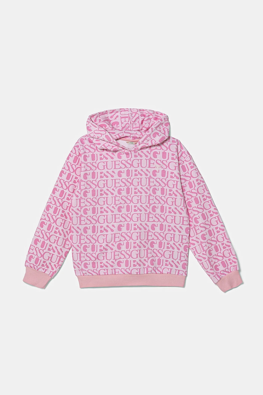 Levně Dětská bavlněná mikina Guess růžová barva, s kapucí, vzorovaná, J5YQ02 KAD74