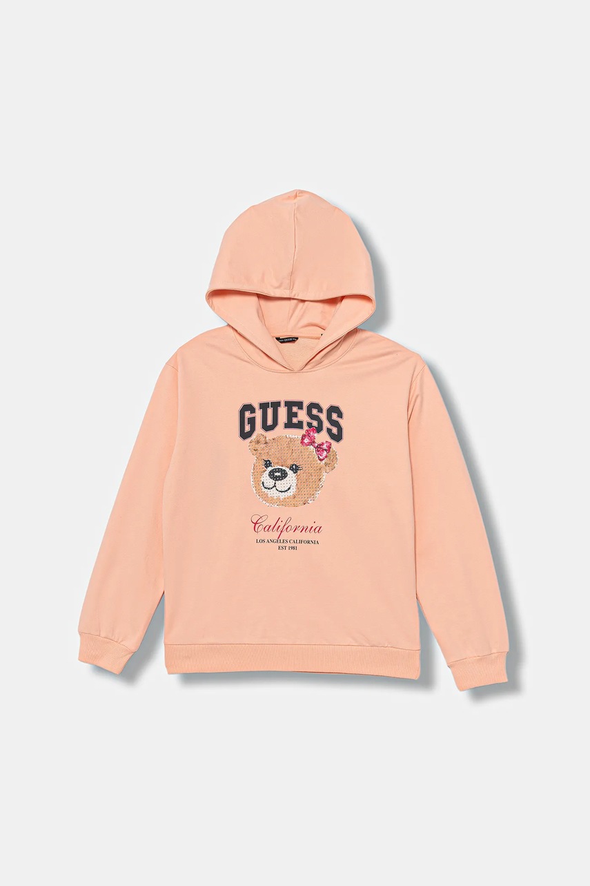 Levně Dětská bavlněná mikina Guess oranžová barva, s kapucí, s aplikací, J5YQ06 KA6R4