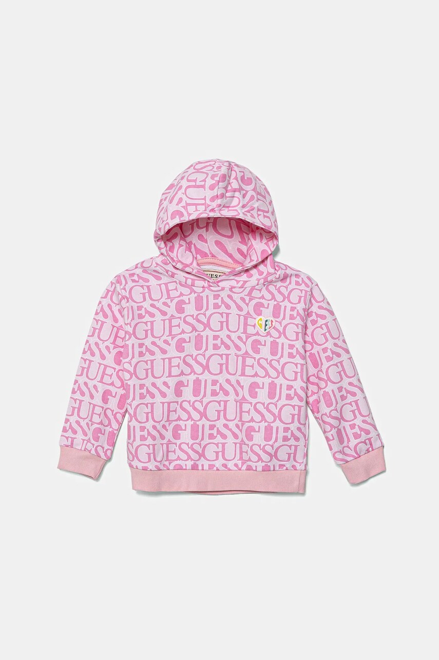 Levně Dětská bavlněná mikina Guess růžová barva, s kapucí, vzorovaná, K5YQ03 KAD74