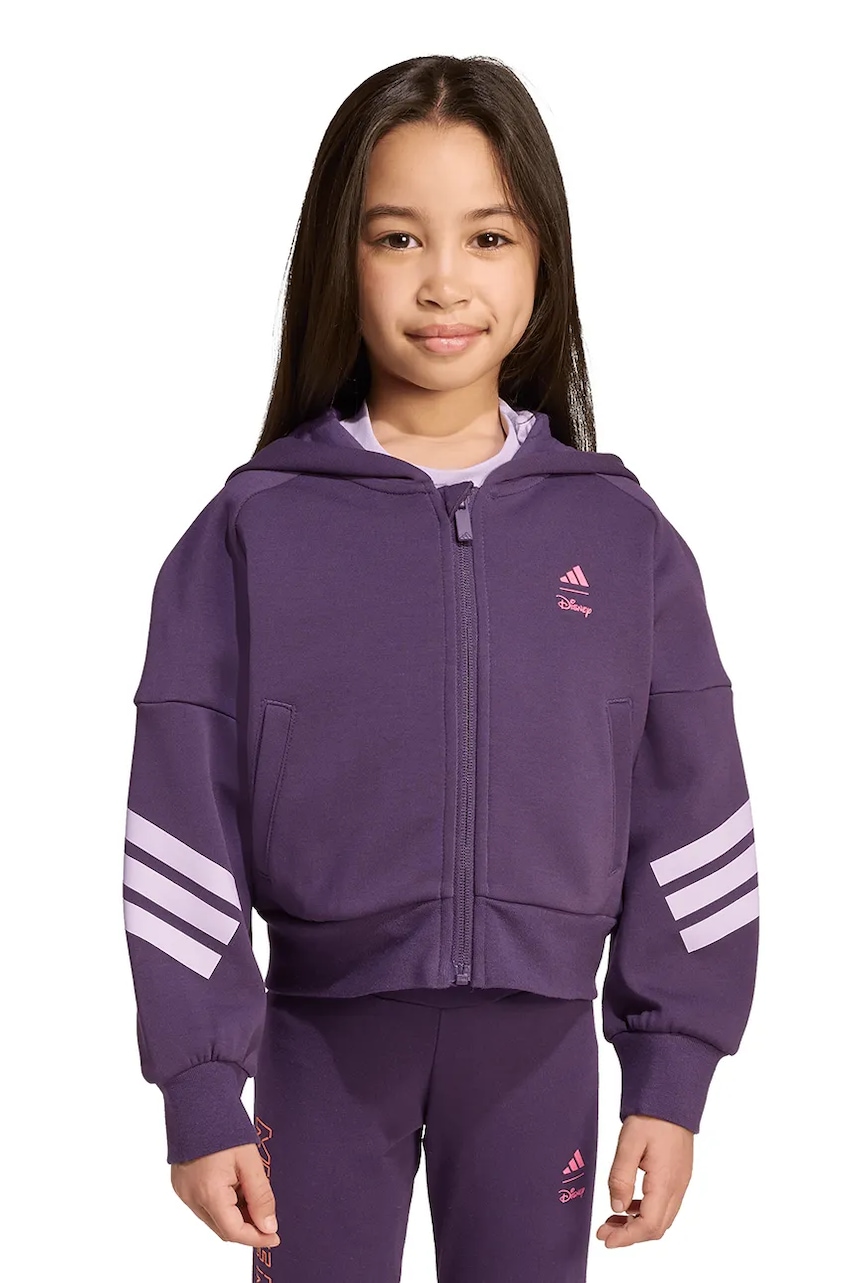 adidas bluză copii culoarea violet, cu glugă, cu imprimeu, JL9193
