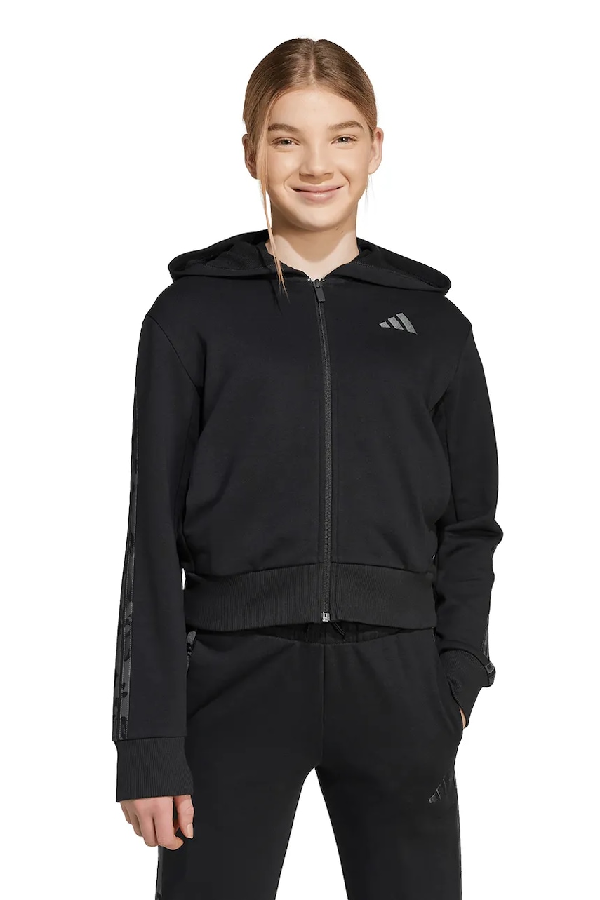 adidas bluză copii culoarea negru, cu glugă, cu imprimeu, KC5418