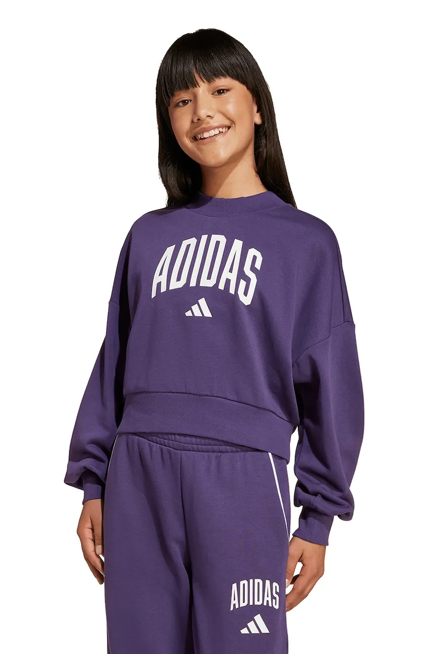 Levně Dětská mikina adidas fialová barva, s potiskem, JV7379