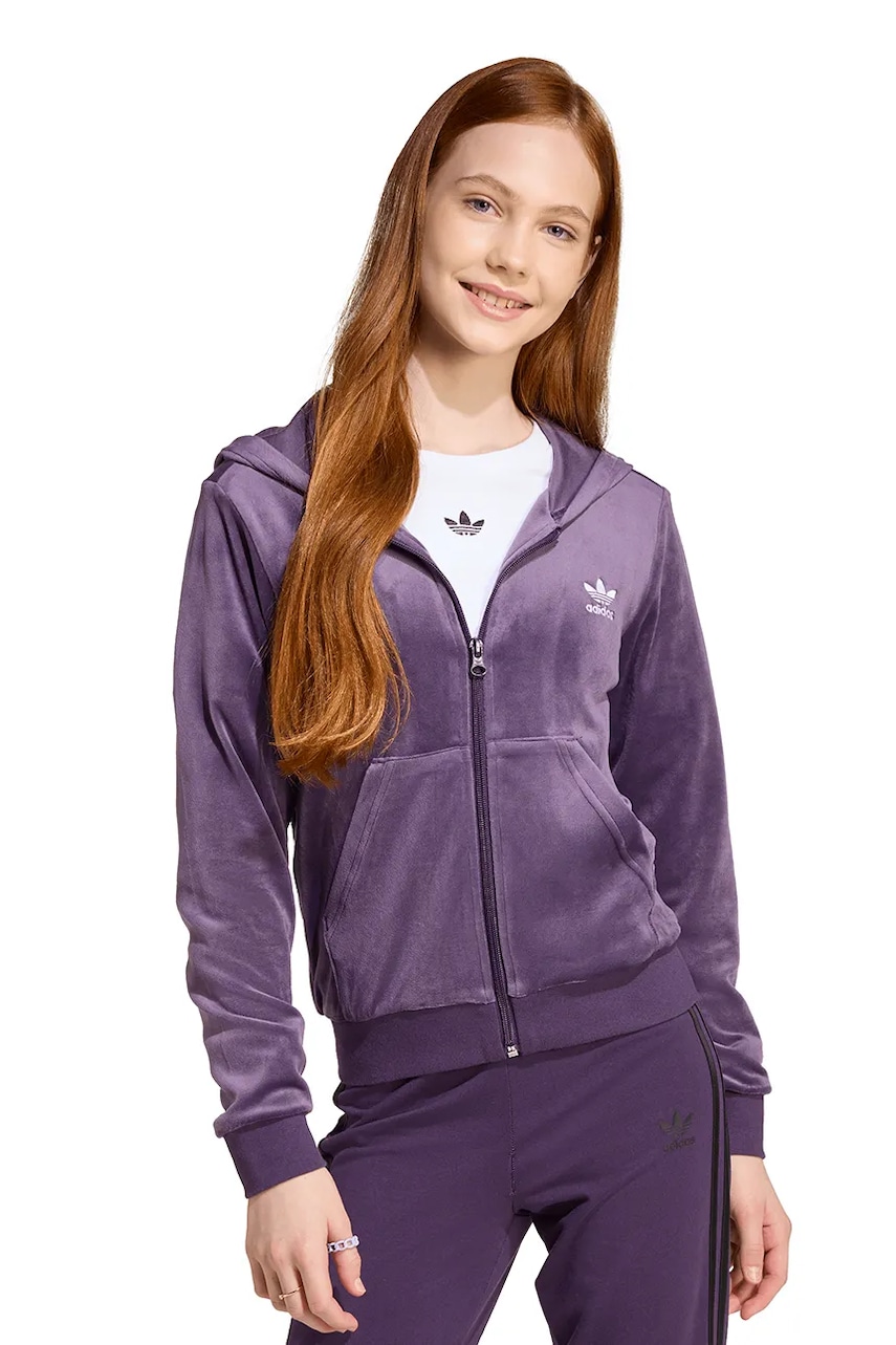 Levně Dětská velurová mikina adidas Originals fialová barva, s kapucí, hladká, JX2847