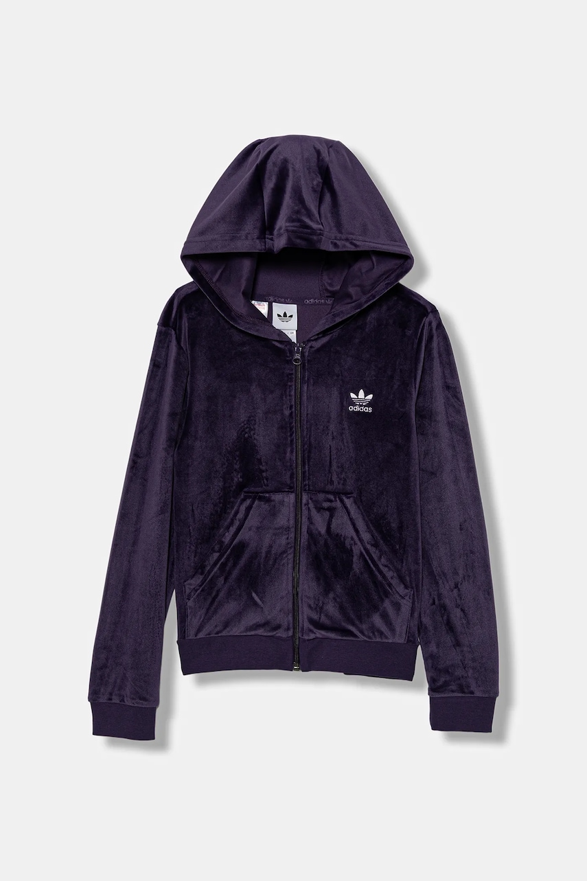 Детская толстовка из велюра adidas Originals цвет фиолетовый с капюшоном однотонная JX2847 Детская толстовка из велюра adidas Originals цвет фиолетовый с капюшоном однотонная JX2847