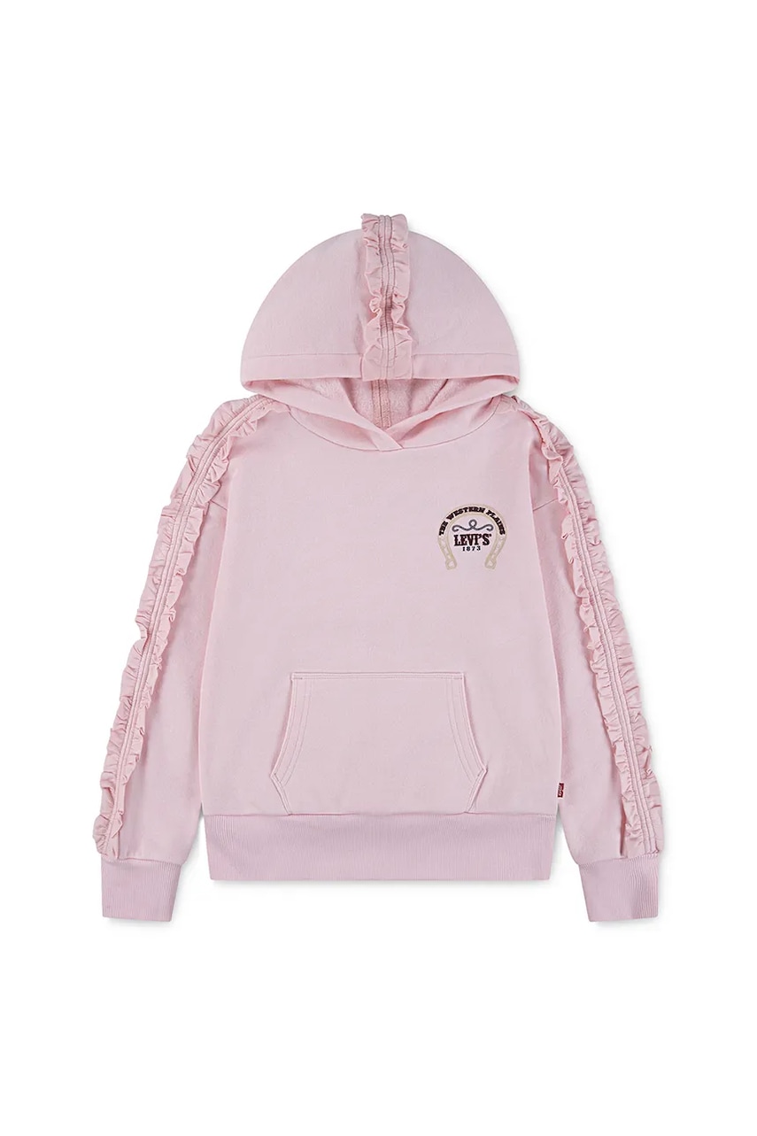 Levi's bluză copii PULLOVER HOODIE WITH RUFFL culoarea roz, cu glugă, cu imprimeu, 3EN426 Levi's bluză copii PULLOVER HOODIE WITH RUFFL culoarea roz, cu glugă, cu imprimeu, 3EN426