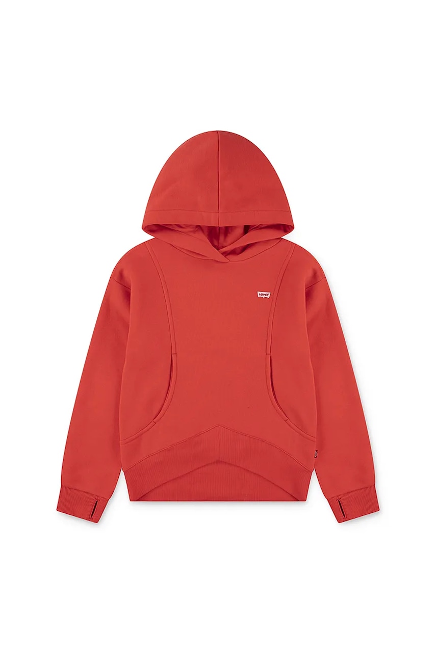 Levně Dětská mikina Levi's BATWING PATCH HOODIE červená barva, s kapucí, hladká, 3EN447