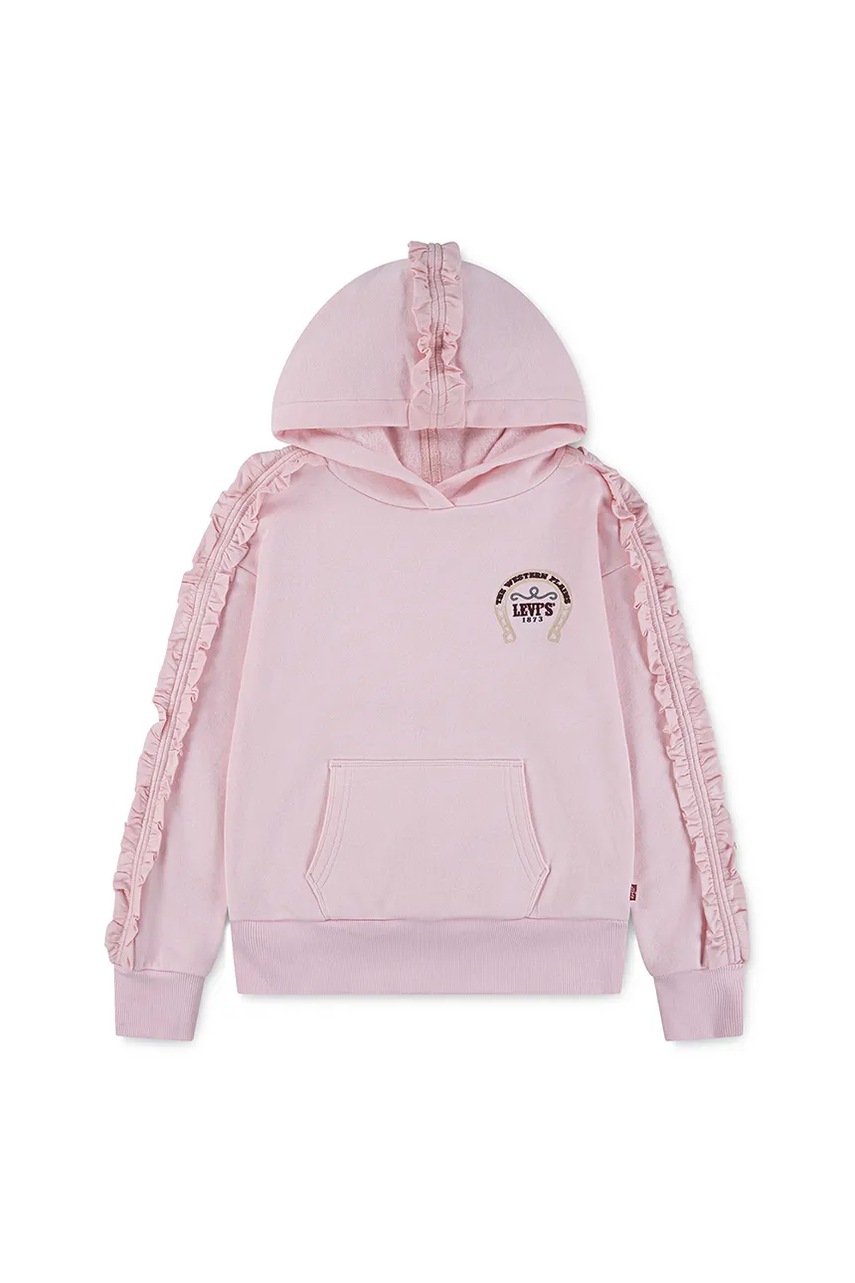 Levně Dětská mikina Levi's PULLOVER HOODIE WITH RUFFL růžová barva, s kapucí, s potiskem, 4EN426