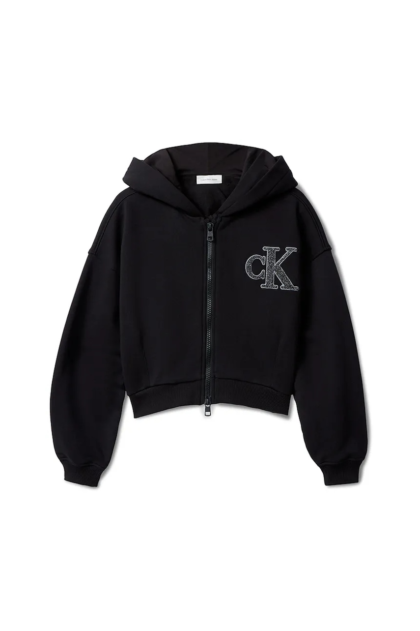 Детская хлопковая кофта Calvin Klein Jeans цвет чёрный с капюшоном с аппликацией IG0IG03017 Детская хлопковая кофта Calvin Klein Jeans цвет чёрный с капюшоном с аппликацией IG0IG03017