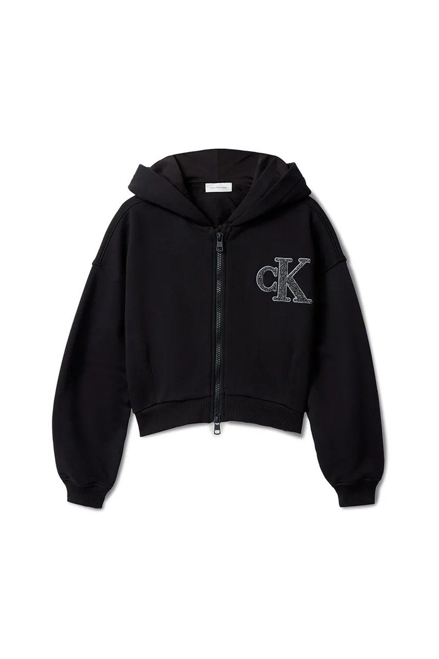Детская хлопковая кофта Calvin Klein Jeans цвет чёрный с капюшоном с аппликацией IG0IG03017 Детская хлопковая кофта Calvin Klein Jeans цвет чёрный с капюшоном с аппликацией IG0IG03017