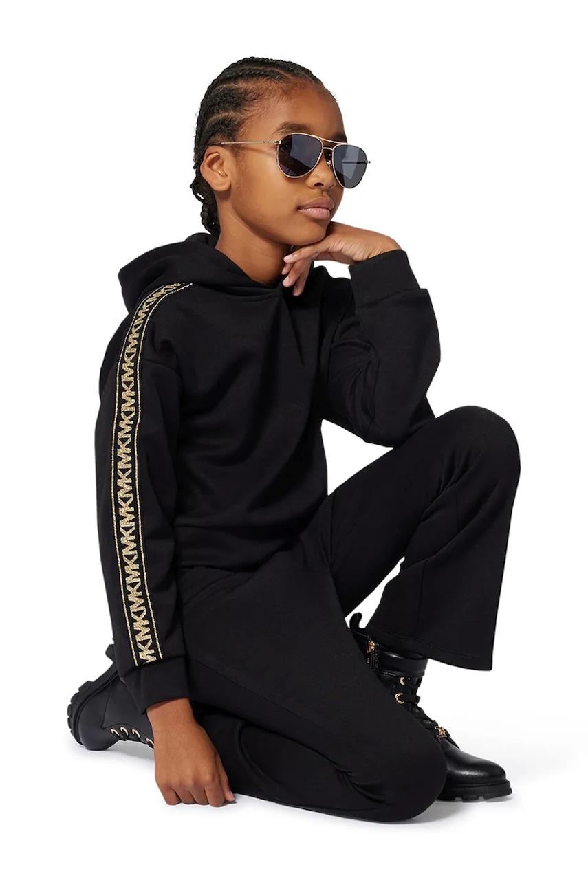 Michael Kors bluză copii culoarea negru, cu glugă, cu imprimeu, R30478
