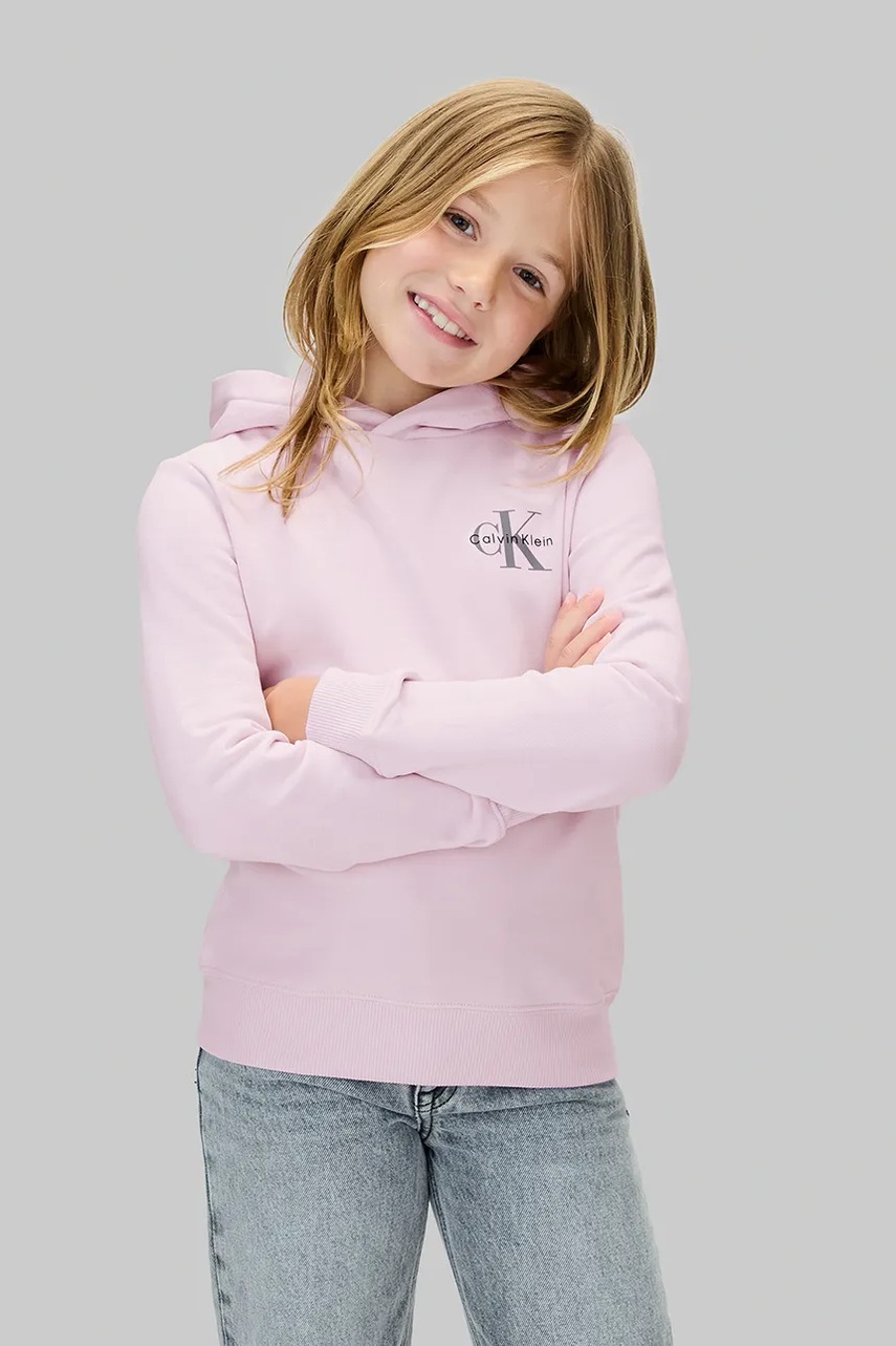 Levně Dětská bavlněná mikina Calvin Klein Jeans růžová barva, s kapucí, s potiskem, IU0IU00712
