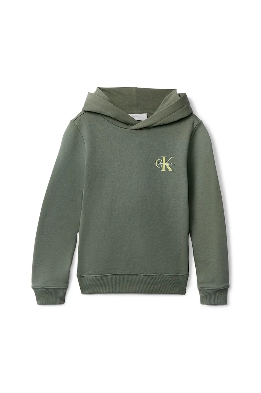 Детская хлопковая кофта Calvin Klein Jeans цвет зелёный с капюшоном с принтом IU0IU00712 Детская хлопковая кофта Calvin Klein Jeans цвет зелёный с капюшоном с принтом IU0IU00712