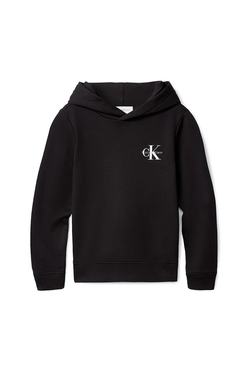 Детская хлопковая кофта Calvin Klein Jeans цвет чёрный с капюшоном с принтом IU0IU00712 Детская хлопковая кофта Calvin Klein Jeans цвет чёрный с капюшоном с принтом IU0IU00712