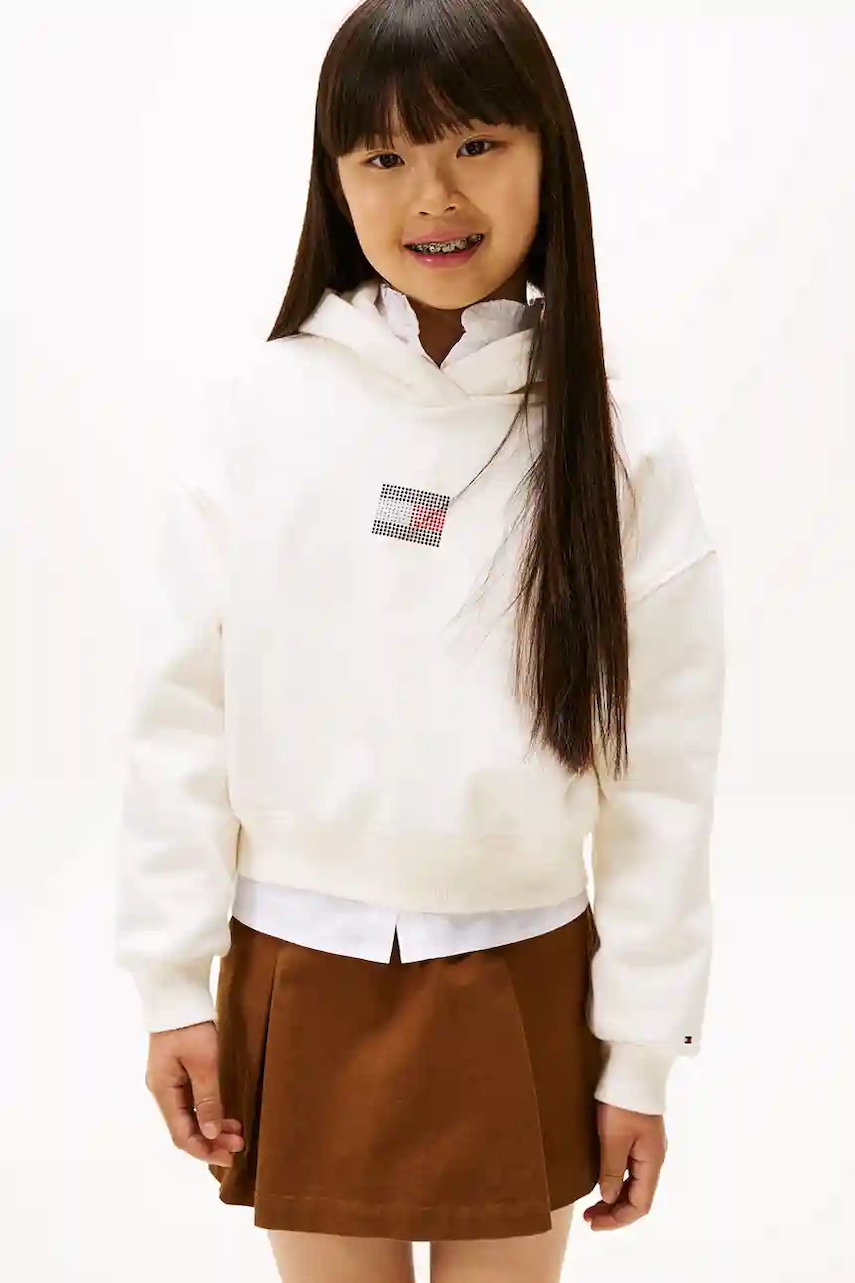 Levně Dětská mikina Tommy Hilfiger bílá barva, s kapucí, s aplikací, KG0KG09016